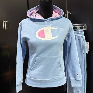 Champion hoodie pullover,pouch pocket, sparkle logo chest knit cuff-waist